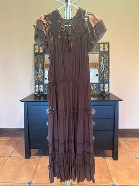 Elie Tahari Brown Tiered Ruffle Maxi Dress